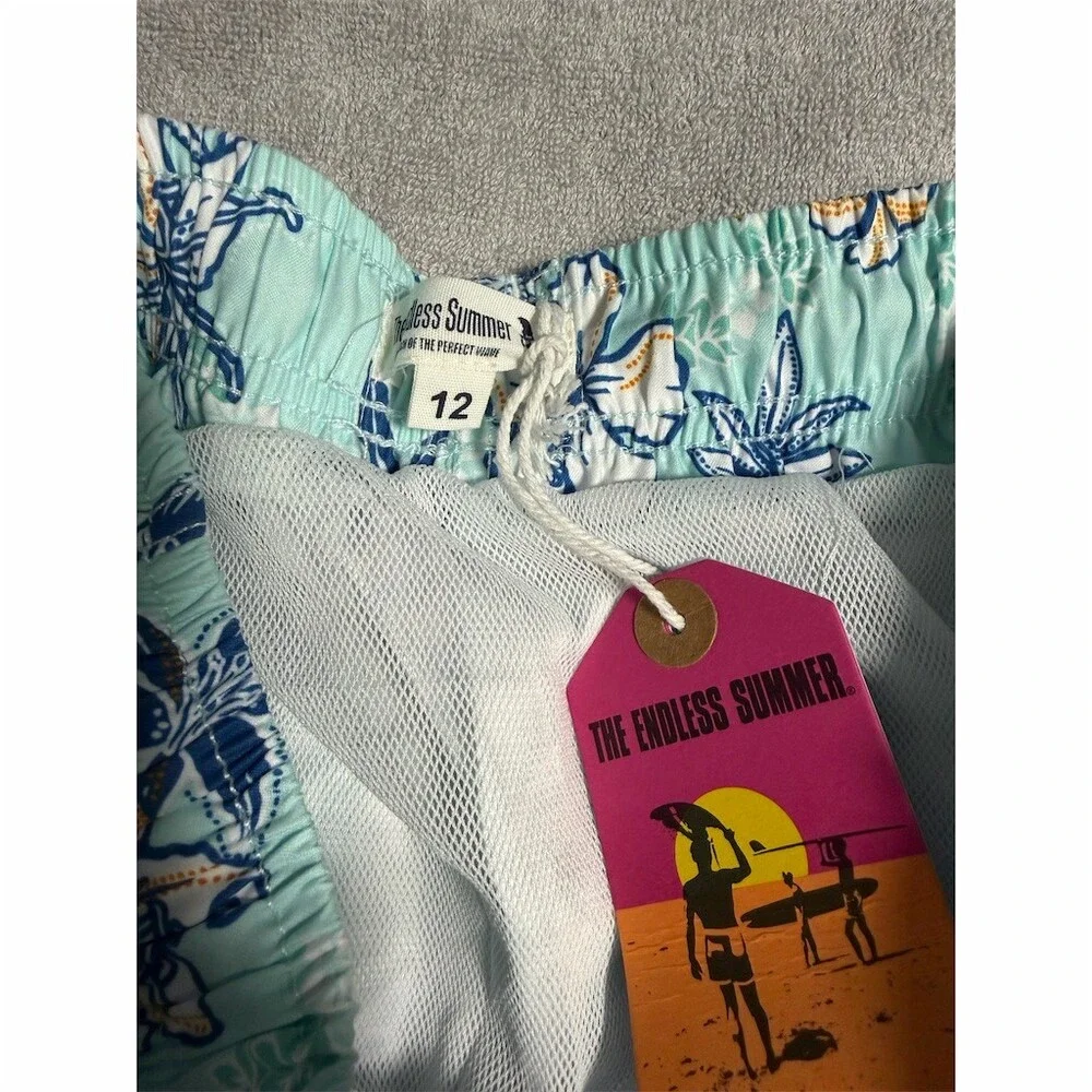The Endless Summer Swim Trunks Boys Size 12 Mint Green Blue Floral Shorts